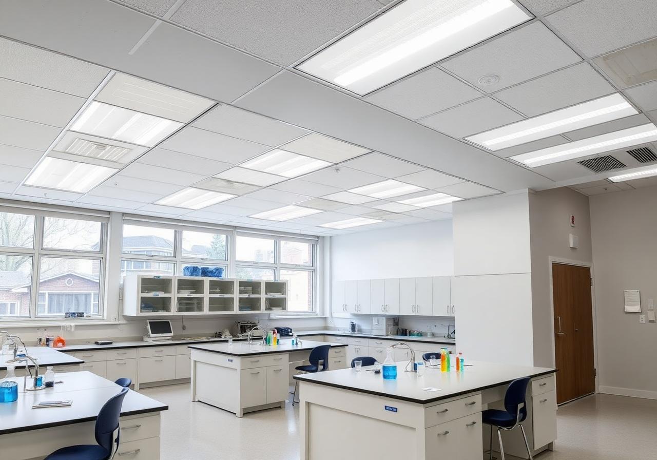 School science lab with anti-glare LED panel lighting at 4000K over lab benches