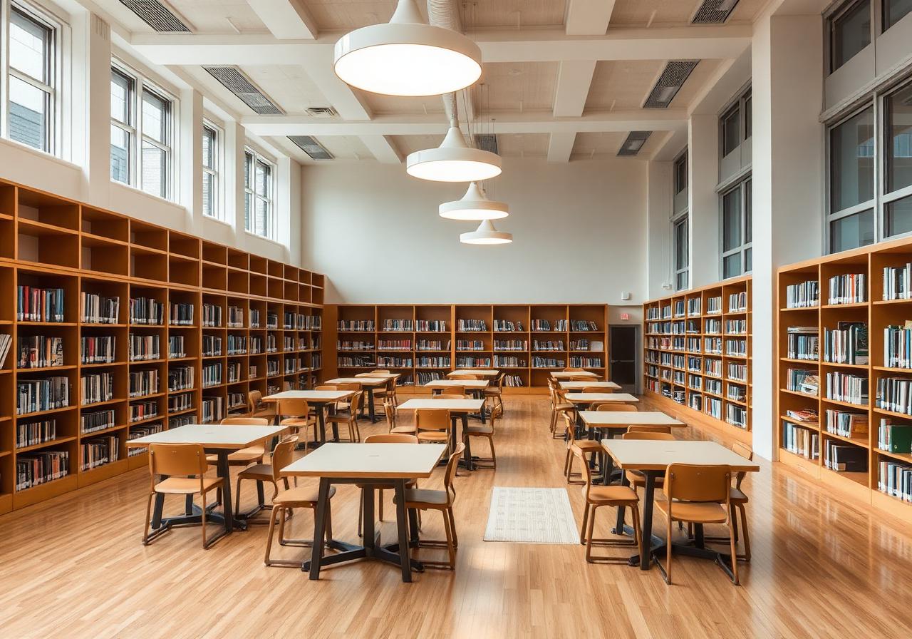 School library with soft 3500K pendant lighting over reading tables and bookshelves
